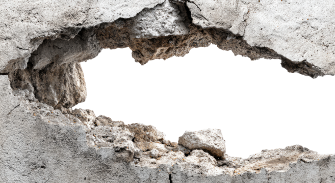 Large, irregular hole in weathered concrete wall.  Cracked, rough texture