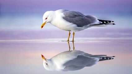 Obraz premium Seagull reflected in calm water with soft purple sky