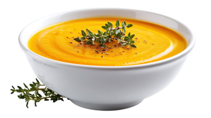 Pumpkin Soup in Ceramic Bowl with Thyme Leaves on Transparent Background

