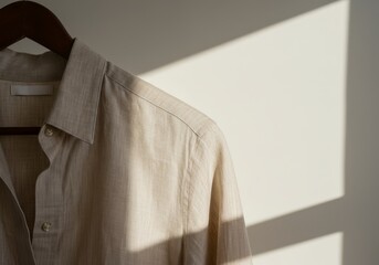 A beige linen shirt hangs on a wooden hanger, casting shadows on a white wall in soft sunlight.