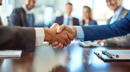 Two business men shaking hands in a conference room with a group of business people in the background.