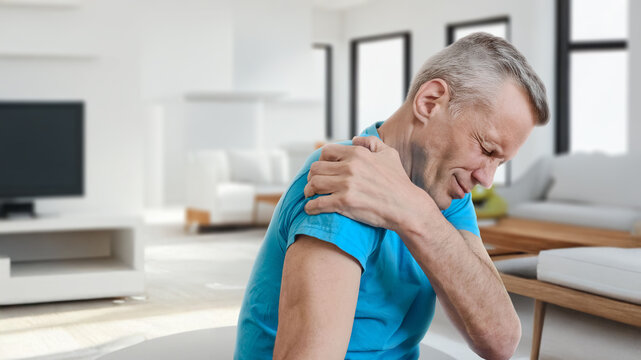 Upset exhausted man suffering from severe body pain having muscular spasm. Middle-aged man with shoulder and neck pain, possible myofascial syndrome indoors