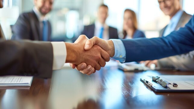 Two business men shaking hands in a conference room with a group of business people in the background.