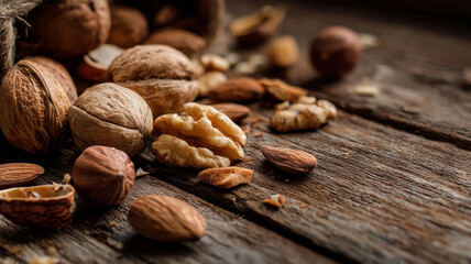 Raw almonds on rustic wooden surface