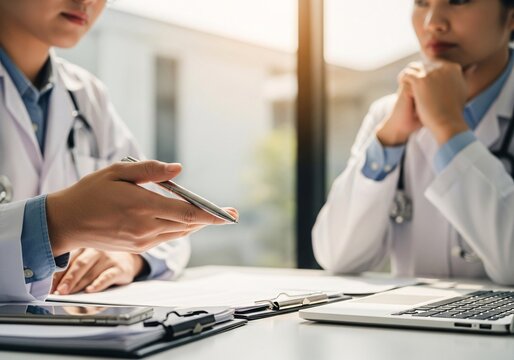 Two doctors discuss diagnosis, analyzing data on laptop in hospital office. Male and female medical professionals have a patient case conference, using laptop at doctor's office, close up