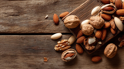 Almonds scattered on dark wooden table