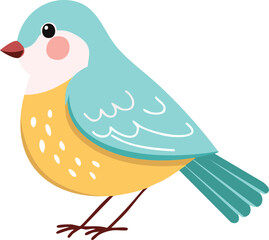 A cheerful, cartoon-style blue and yellow bird, perched and facing left.