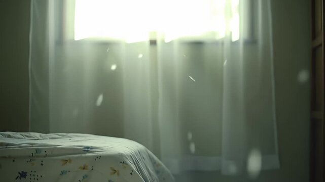 Soft light streams through sheer curtains onto a patterned duvet-covered bed