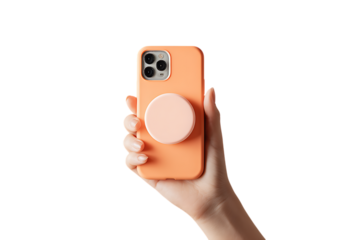 Hand holding a smartphone with a PopSocket.