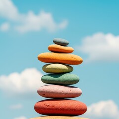 Colorful stones balanced in a stack against a vibrant sky