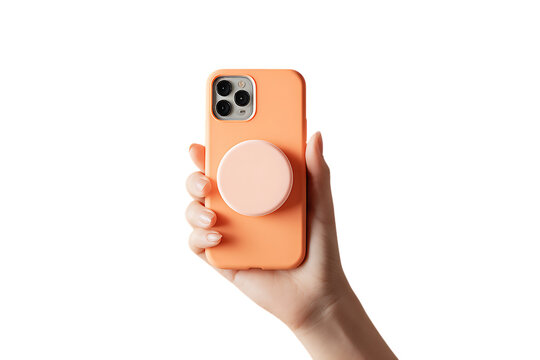Hand holding a smartphone with a PopSocket.