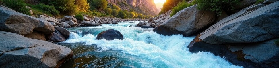 Swift flowing river cutting through rocky canyon, photography, mountain, view