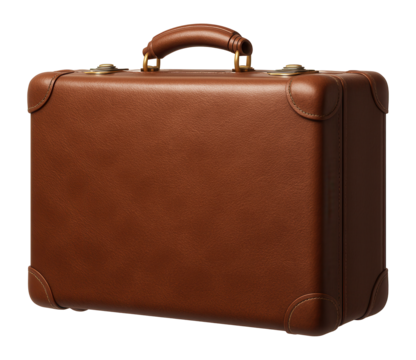 Elegant brown leather briefcase with sturdy handle and metallic clasps on transparent background.