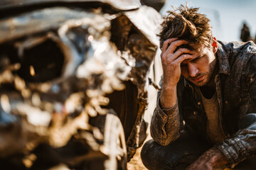 Obraz premium Frustrated man inspecting wreckage after crash in a rugged outdoor setting