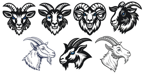 Collection of 8 Stylized Goat and Ibex Head Vector Logos for Mascot, Branding, and Adventure Design Themes