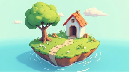 Fototapeta premium Cartoon Floating Island with Tree and Small House in Blue Water