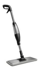 Modern spray mop with ergonomic handle and microfiber pad for efficient floor cleaning on transparent background.