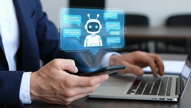 AI Chatbot Hologram Floating Above Smartphone in Office