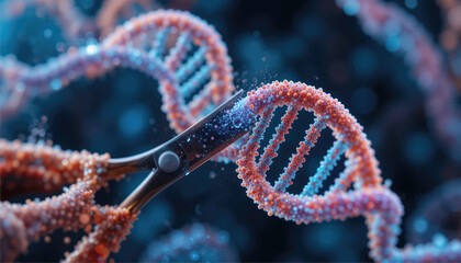 CRISPR scissors cutting a DNA strand