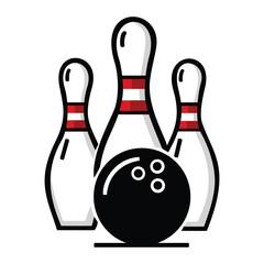 Black bowling ball and three white pins with red stripes, an icon representing the sport, leisure activity, and fun competition