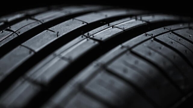 Detailed New car road summer radial wheel tyre, tread pattern profile close up shot in dark studio. Passenger vehicle spare part. Black rubber surface. Depth of field. Rack focus