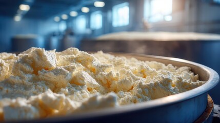 A close-up view of fresh curds in a dairy facility, showcasing their texture and color under natural light.