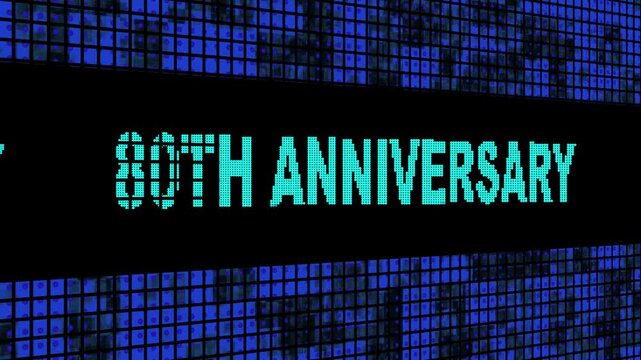 80th Anniversary Side Text Scrolling on Light Blue Digital LED Display Board Pixel Light Screen Looped Animation 4K Background. Blinking Light, Pixel Monitor, LED Wall Pannel 4k video animation.