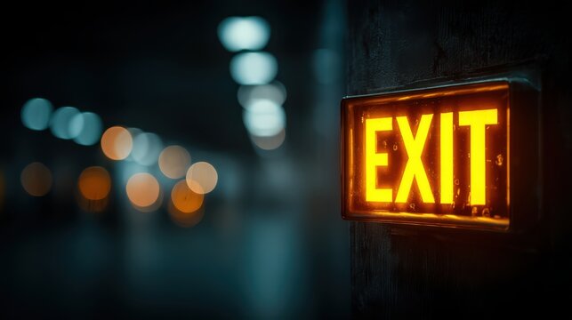 A glowing orange EXIT sign illuminates a dim hallway, with soft bokeh lights creating a mysterious atmosphere. - Powered by Adobe