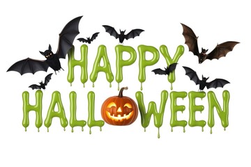 Fototapeta premium Spooktacular Happy Halloween greeting with dripping slime letters, glowing jack-o'-lantern, and flying bats creating a festive, eerie atmosphere for celebrations