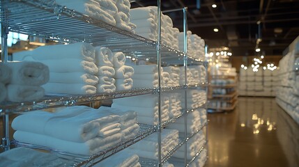 Rolled white towels on metal shelves in a store.