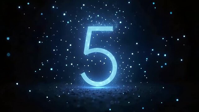 Glowing number 5 with magical blue particles on dark background, ideal for 5th celebration visuals and milestone videos
