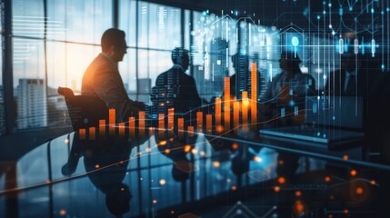 Silhouettes of businesspeople in a conference room with a large screen displaying financial data and charts.