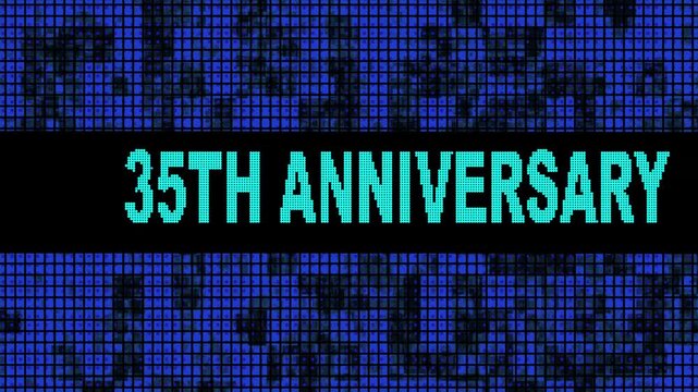 35th Anniversary Side Text Scrolling on Light Blue Digital LED Display Board Pixel Light Screen Looped Animation 4K Background. Blinking Light, Pixel Monitor, LED Wall Pannel 4k video animation.