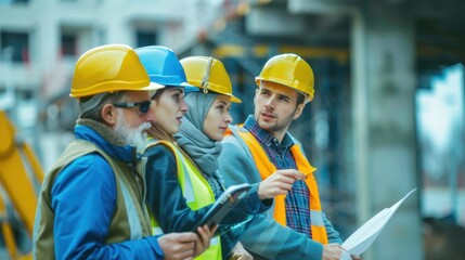 Four construction workers in hard hats and vests discussing plans at a construction site.