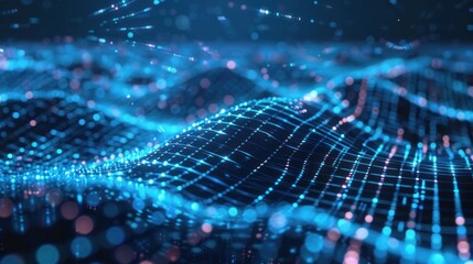 A vibrant blue and green abstract digital wave pattern with a dark background.