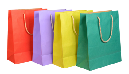Colorful paper shopping bags with rope handles, isolated on transparent background, realistic lighting