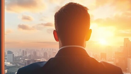 Man in suit gazing at city skyline through window during sunrise with warm sunlight, clouds, and calm urban atmosphere inspiring moment