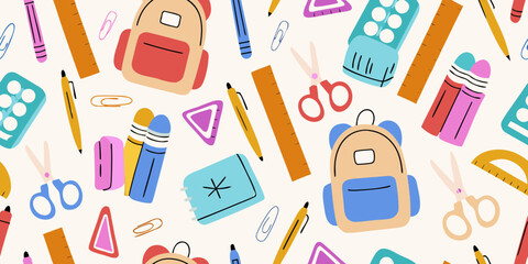 Colorful school supplies pattern with backpacks and stationery