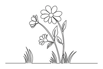Botanical grass and flower continuous one line art vector design