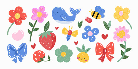 Whimsical garden elements featuring flowers fruits and cute animals