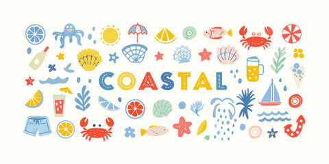 Colorful coastal summer icons and word art