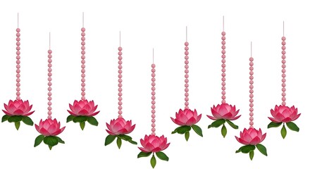 Hanging pink lotus flowers with green leaves and pink beaded strings on a white background display decor