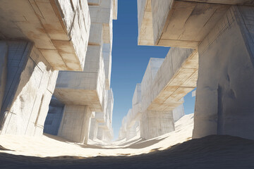 Obraz premium Desert landscape with abstract structure and concrete blocks suitable for architectural and construction concepts in design projects.