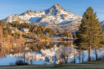 Mountain lake reflected in still water. Snowy peak, houses, and trees mirrored on tranquil surface