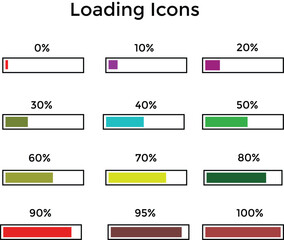 Collection of colorful vector loading bar designs showing different progress levels, ideal for user interface elements, website design, app development, digital dashboards, and technology-related 