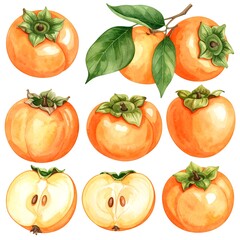 Watercolor persimmon illustration set