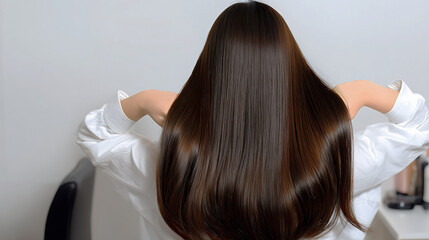 Back view of a woman with long shiny dark hair, pushing strands from collar of white shirt. 