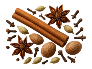 Assortment of whole spices including cinnamon sticks, star anise, cloves, nutmeg, and cardamom on transparent background.