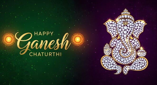 Happy ganesh chaturthi with golden text and a diamond ganesh figure on a green and purple background
