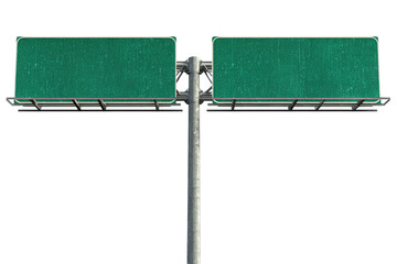 Two blank highway signs mounted on a metal pole.  Dark teal/green signs are rectangular and appear weathered.  A metal support structure is beneath the signs